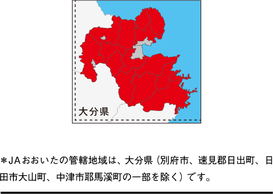 *JAおおいたの管轄地域は、大分県(別府市、速見郡日出町、日田市大山町、中津市耶馬溪町の一部を除く)です。