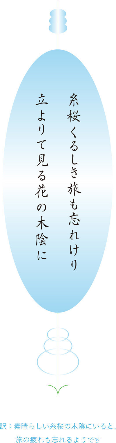 糸桜くるしき旅も忘れけり　立よりて見る花の木陰に　（訳：素晴らしい糸桜の木陰にいると、旅の疲れも忘れるようです）