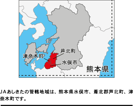 JAあしきたの管轄地域は、熊本県水俣市、葦北郡芦北町、津奈木町です。